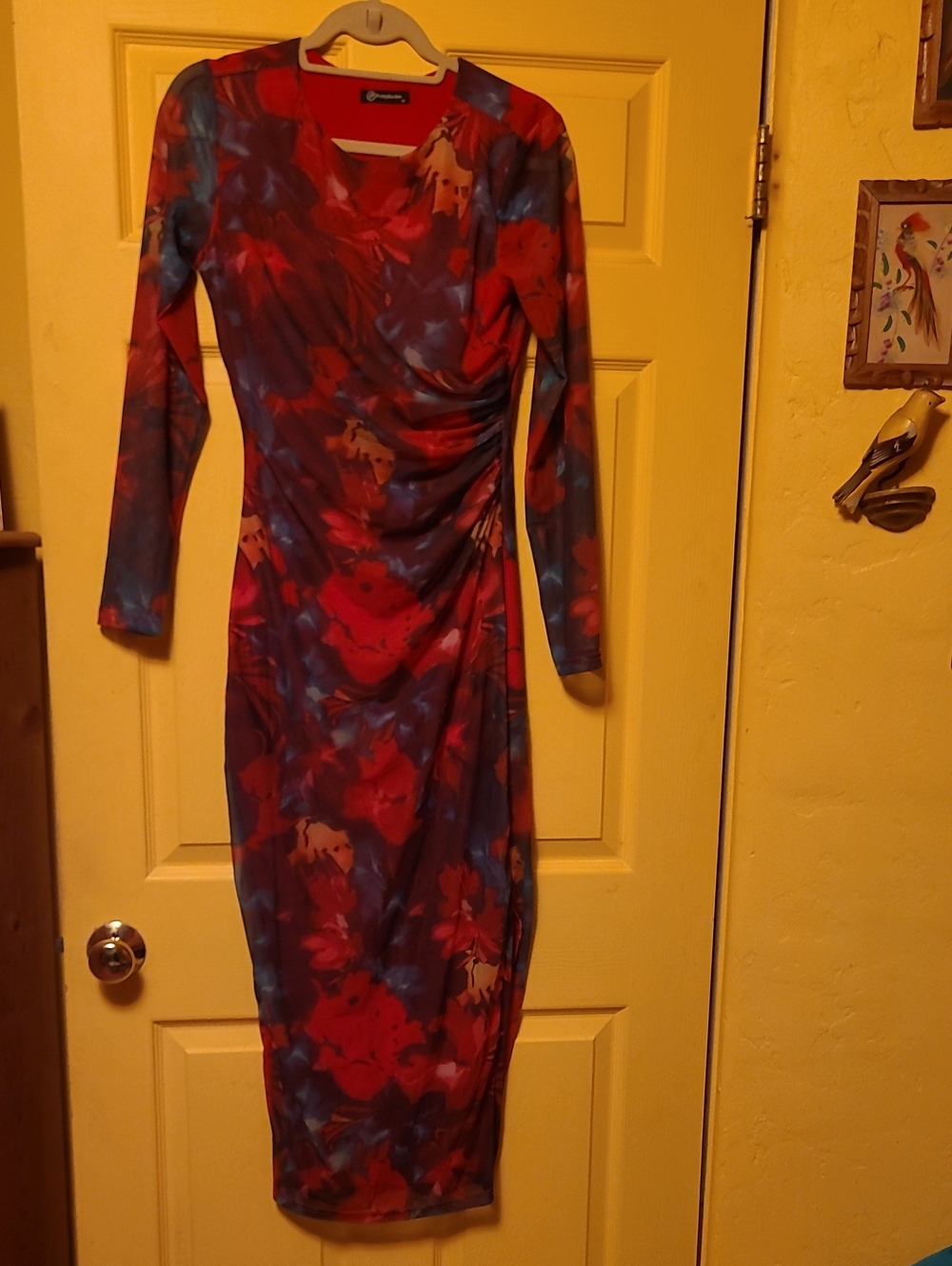 PrettyGarden Floral Red Blue Purple Lined Mesh Long-Sleeve Ruched Midi Dress